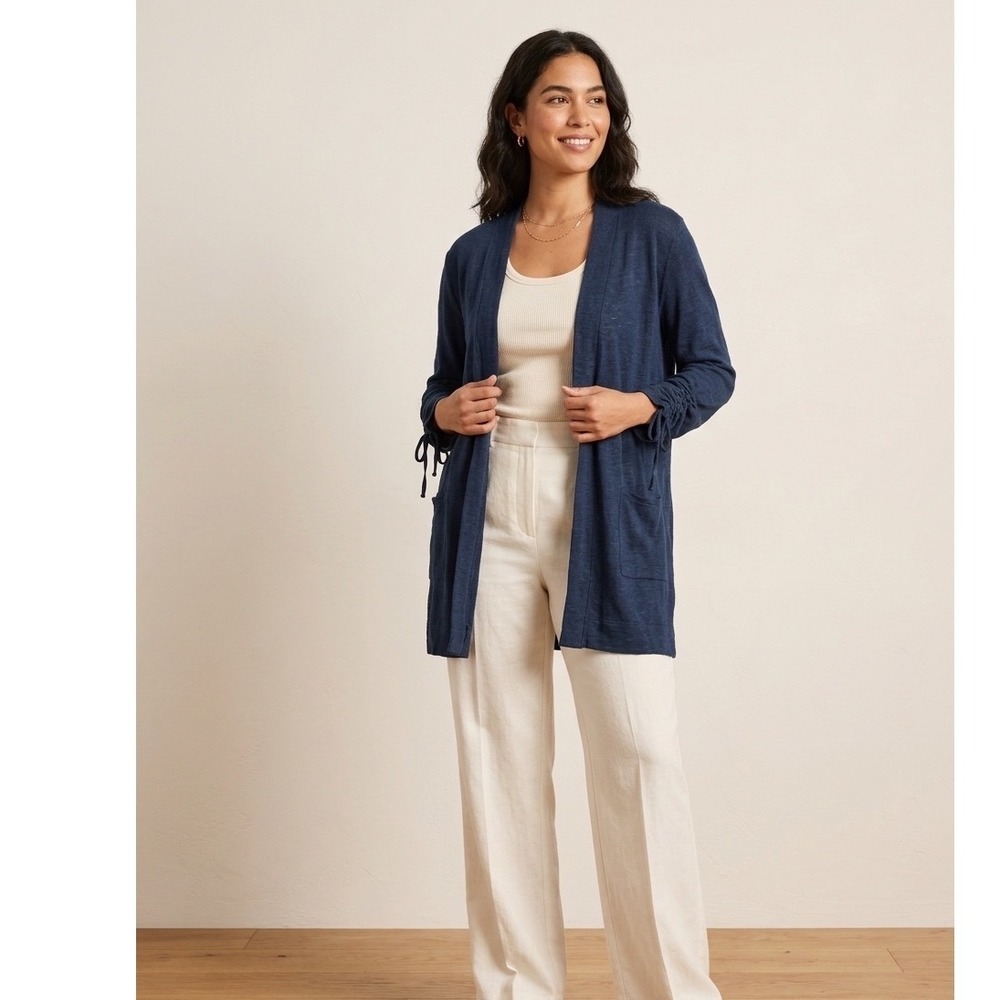 J. Jill Cardigan M Blue Linen Ruched Sleeve Open Front Coastal Natural Luxury